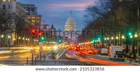 Panorama downtown Washington, D.C. city skyline city scape of USA with traffic at sunset