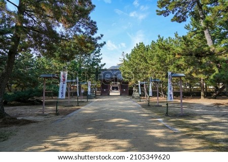 Japanese translation of banner "Visit shrine at Seven, Five, Three years old Festival" Titile : Scenery of the precincts of an old shrine surrounded by pine tree forest at Tsuda no Matsubara, Kagaw 