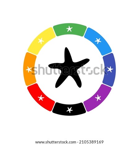 A large black starfish symbol in the center, surrounded by eight white symbols on a colored background. Background of seven rainbow colors and black. Vector illustration on white background