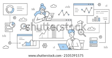 People work with research analytics and statistic. on dashboard with graphs and charts. Vector doodle illustration of data analysis with man with laptop, woman with report, graphs and charts Royalty-Free Stock Photo #2105391575