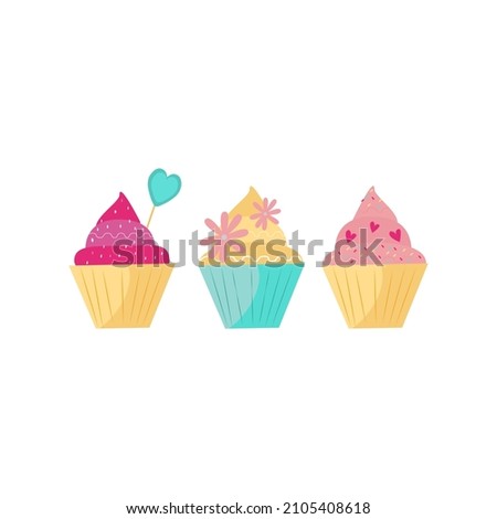 Cake set. Sweet snack. Festive dessert. clip-art isolated on white background. Symbol of love. Sticker, decal, Valentine's Day decor. Vector illustration, hand drawn, doodle