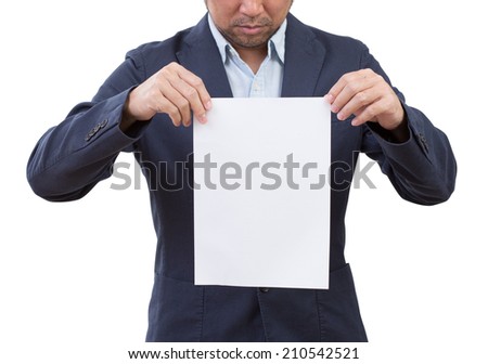 businessman holding blank paper isolated on white background