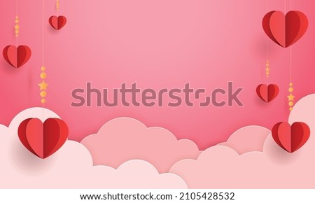 Happy valentines day greeting background in papercut realistic style. Paper clouds, flying realistic heart on string.