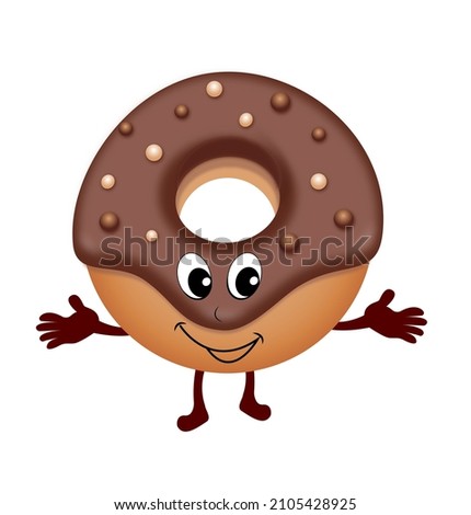 Cartoon donut in chocolate icing isolated on white background
