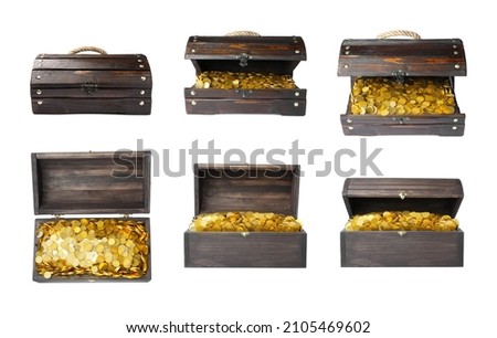 Set with treasure chests full of gold coins on white background 