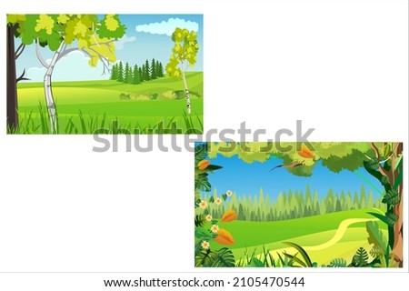 Two countyside landscape scene, green fields, green grass, blue sky and clouds, vector