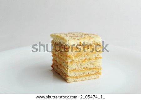 Slice of honey layer cake on white plate. Side view. Layer cake, close up
