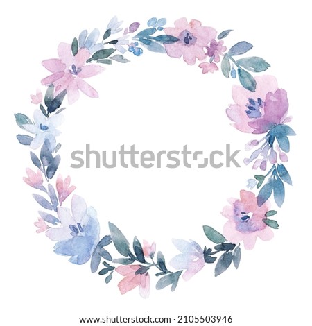 Beautiful image with gentle watercolor hand drawn purple flowers wreath. Stock illustration.