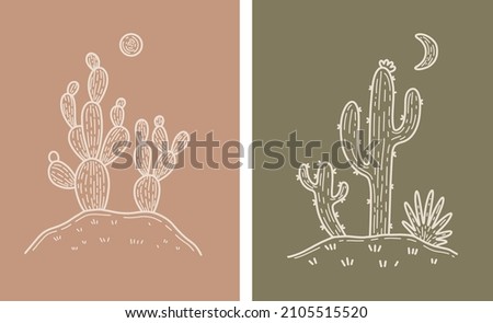 Moon Desert Cactus Boho Warm Colors Minimal Botanical Vector Illustration Set Royalty-Free Stock Photo #2105515520