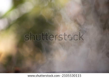 Blurred picture of white smoke from cooking in countryside kitchen and natural background