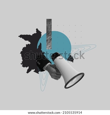 News. Monochrome female hand isolated on pastel abstract background. Contemporary art collage, modern design. Aesthetic of hands. Trendy pastel colors. Copyspace for ad. Surreal conceptual poster. Royalty-Free Stock Photo #2105535914