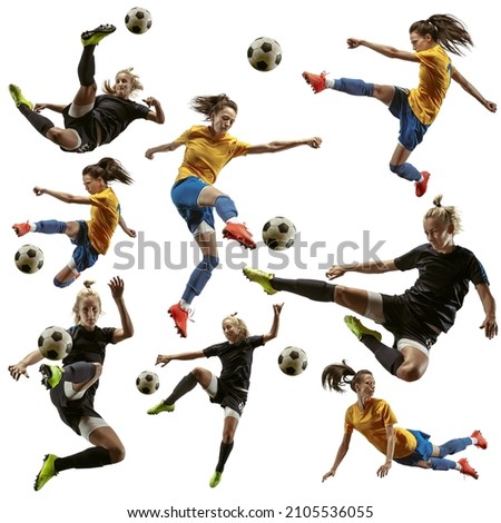 Female football. Set made of professional soccer players with ball in motion, action isolated on white studio background. Attack, defense, fight, kick. Group of girls in football kits. Square Royalty-Free Stock Photo #2105536055