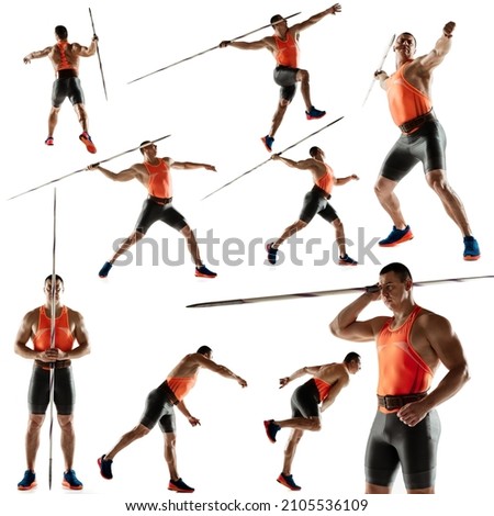 Javelin-throwing. Set of images of professional male with javelin in motion, action isolated on white studio background. Development of movements. Challenges, motion, action, sport concept. Poster Royalty-Free Stock Photo #2105536109