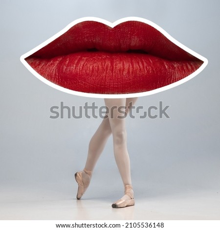 Calm. Big female mouth with bright red lipstick on ballerina's legs isolated on light background. Modern design, contemporary art collage. Concept of emotions, beauty, cosmetics, creativity and ad