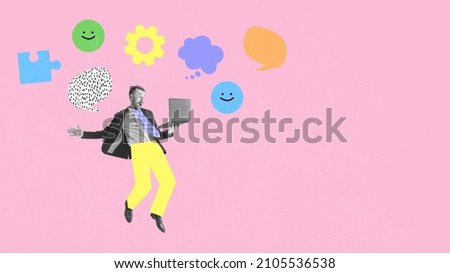 Inspiration, idea, trends. Excited stylish worker, businessman using laptop isolated on pink background with dust effect. Contemporary art collage. Concept of youth, job, nework, education, sales