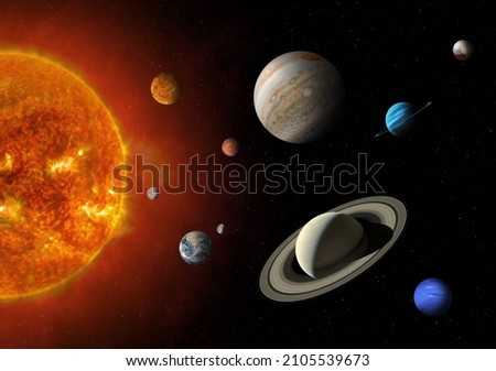 Sun and Solar System planets. Mercury, Venus, Earth, Mars, Jupiter, Saturn, Uranus, Neptune, Pluto and Sun. Parade of planets. High resolution images. Elements of this image furnished by NASA. Royalty-Free Stock Photo #2105539673