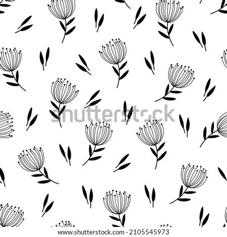 Monochrome endless seamless floral pattern with leaves and flowers in doodle style