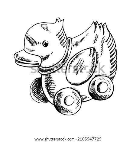 A hand-drawn ink sketch of  a wooden duck on wheels toy. Outline on a white background, vintage vector illustration.   Vintage sketch element for labels, packaging and cards design.