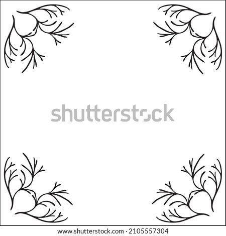 
Black and white ornamental frame, decorative border with tree brunches, corners for greeting cards, banners, business cards, invitations, menus. Isolated vector illustration.