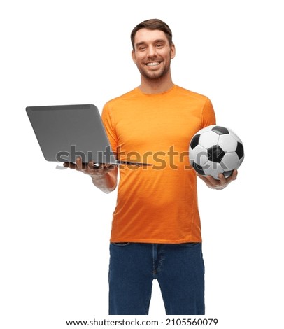 sport, leisure games and online betting concept - happy smiling man or football fan with soccer ball and laptop computer over white background Royalty-Free Stock Photo #2105560079