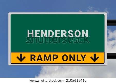 Henderson logo. Henderson lettering on a road sign. Signpost at entrance to Henderson, USA. Green pointer in American style. Road sign in the United States of America. Sky in background