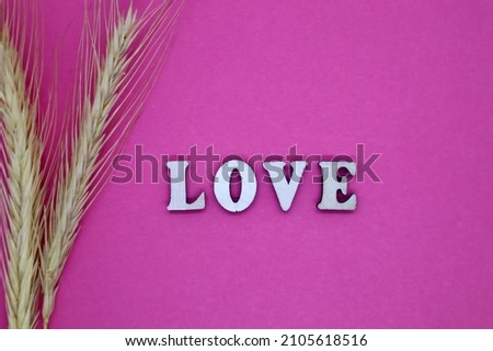 Valentine's Day concept. Wooden letters Love and dried ears of wheat on a pink background. Top view. Flat lay. Mockup.