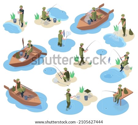 Isometric fishermen catching fish, boat and fishing equipment. River or pond fishing isolated 3d vector illustration set. Fisherman human characters. Fish and boat fishing