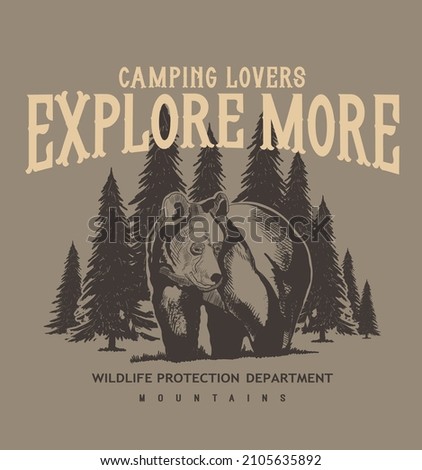 Explore more.Camping lovers.National park colorful concept with flying bird forest and mountains landscape inside bear silhouette isolated vector illustration Royalty-Free Stock Photo #2105635892