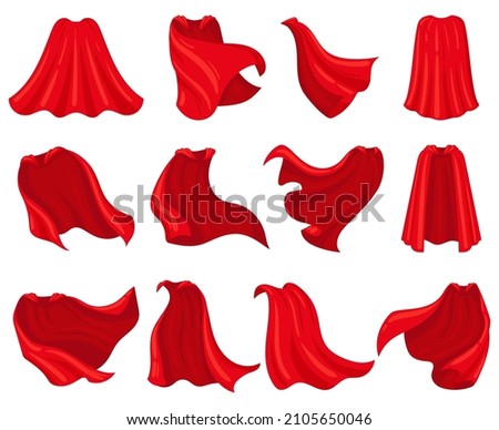 Cartoon superhero red cloaks, scarlet mantle capes. Silk superhero cloak costume, scarlet hero capes vector illustration set. Superhero red textile cloaks. Costume fabric superhero, mantle cloak Royalty-Free Stock Photo #2105650046