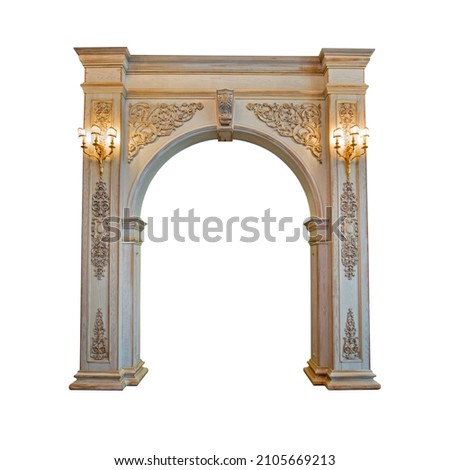 Beautiful  handmade luxury carved wooden arch with gold chandeliers isolated on white background with clipping path Royalty-Free Stock Photo #2105669213