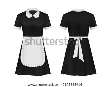 Maid and waitress uniform, hotel and house worker dress clothes. Realistic vector black dress with white collar, cuffs and half apron with ruffle, front and rear view of isolated 3d uniform Royalty-Free Stock Photo #2105685914