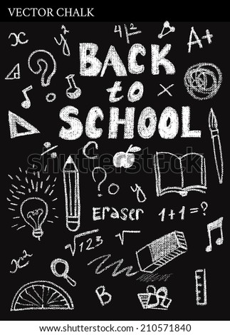 Rough freehand Hand Drawn Chalk Back to School Clip art. Vector chalkboard background.