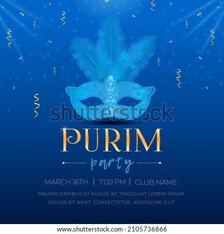 Happy Purim, Jewish holiday celebration party invitation. Masquerade Carnival masks with feathers, sparkles, golden serpentine, and 3d text on blue background Vector illustration.  Royalty-Free Stock Photo #2105736866