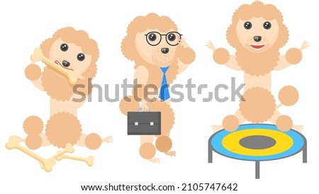 Set Abstract Collection Flat Cartoon Different Animal Pug Dogs Poodles Jumping On A Trampoline, Gnaws Bones, Office Worker With Diplomat Vector Design Style Elements Fauna Wildlife