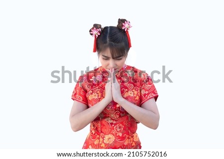 Portrait beautiful asian woman in Cheongsam dress on white background,Thailand people,Happy Chinese new year concept,Happy  asian lady in chinese traditional dress