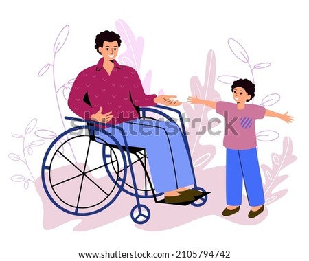 A man in a wheelchair next to his child. Father and child, a symbol of paternity for people with disabilities. Flat vector illustration.
