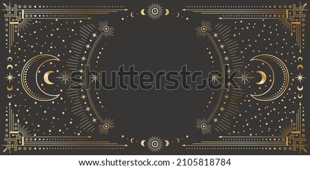 Vector mystic celestial golden frame with stars, moon phases, crescents, arrows and copy space. Ornate shiny magical linear geometric border. Ornate magical banner with a place for text Royalty-Free Stock Photo #2105818784