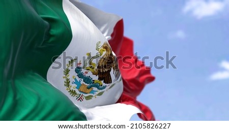Detailed close up of the national flag of Mexico waving in the wind on a clear day. Democracy and politics. Latin american country. Selective focus.