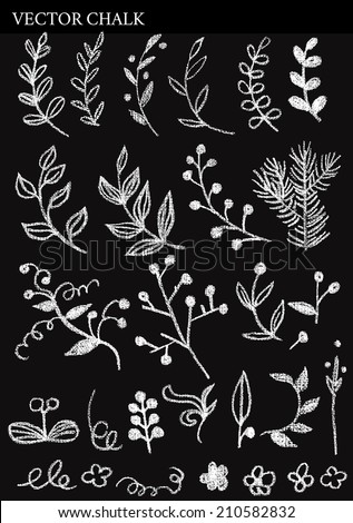  Freehand rough Hand Drawn Chalk Leaves and Berries on chalkboard. Floral elements for various designs such as invitations, greeting cards and web backgrounds. Chalk flourish laurel clip art.