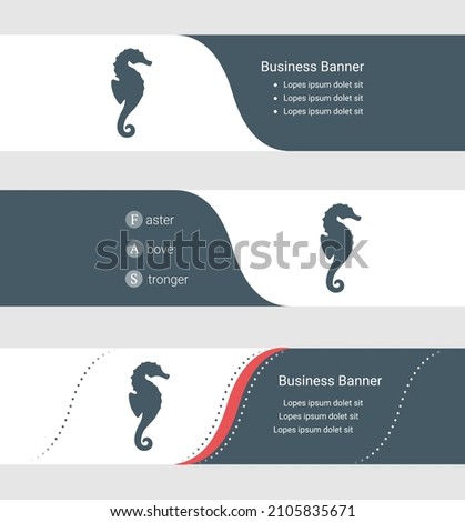 Set of blue grey banner, horizontal business banner templates. Banners with template for text and sea horse symbol. Classic and modern style. Vector illustration on grey background