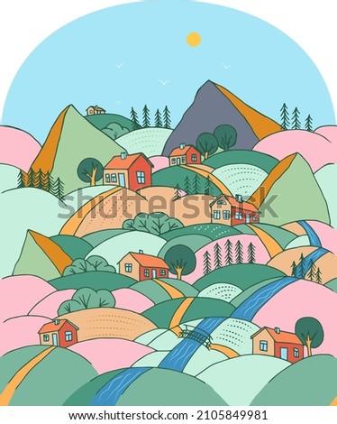 Village in the mountains. Hill houses. Vector illustration of landscape and small houses.