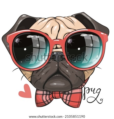 Cartoon Pug Dog with red glasses and bow isolated on a white background