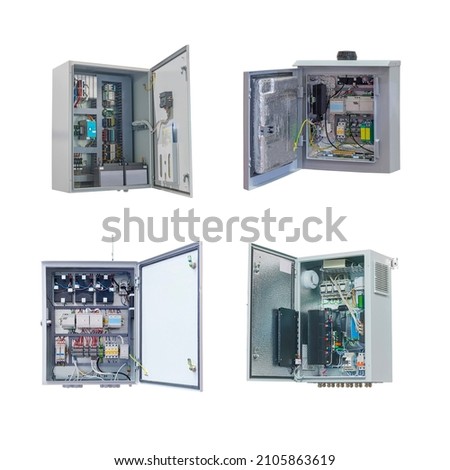 four electrical control cabinet with an open door isolated on a white background Royalty-Free Stock Photo #2105863619