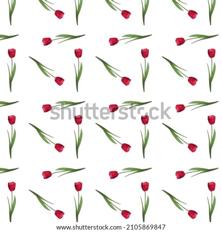 Flowers and leaves pattern background. Repeating pattern of red tulip on a white background. Beautiful floral background. Event cover photo.