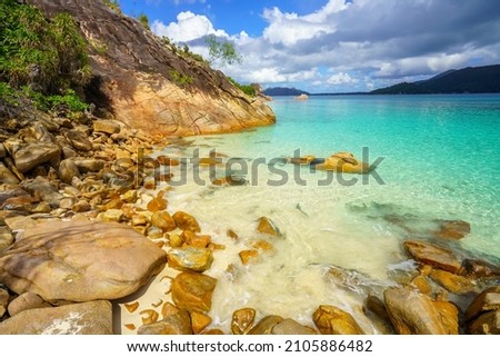 beautiful tropical beach on curieuse island on the seychelles Royalty-Free Stock Photo #2105886482