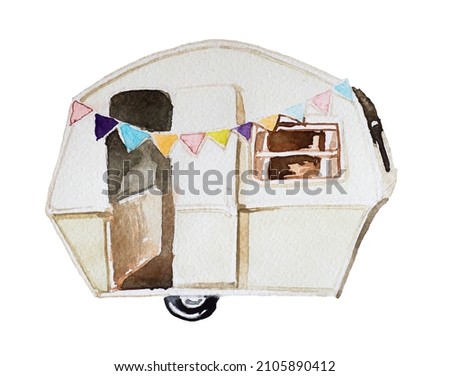Vintage camping van clipart isolated on a white background. Watercolor hand painted tourist concept illustration. Happy camper design. Camping branding.