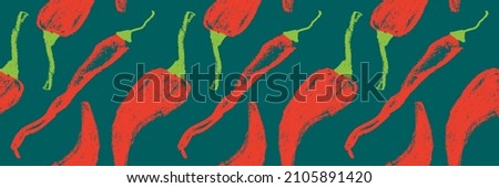 Tangy red pepper pattern seamless in vector.  Hand-drawn illustration of hot peppers. Pepper drawings. Organic vegetable background. Vegan food wallpaper. Healthy eating backdrop. Vegetarian banner. Royalty-Free Stock Photo #2105891420