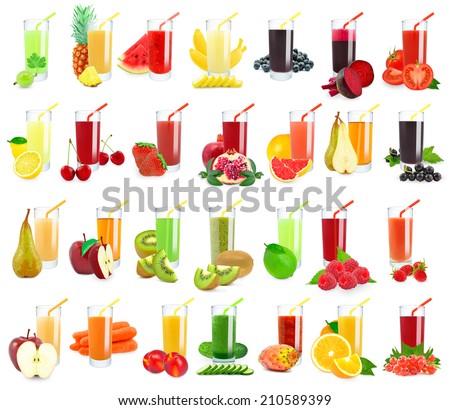 vegetable and fruit juice in glass on white background 