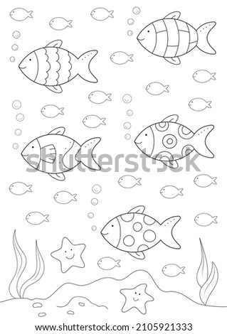 cute coloring sheet for kids with a funny group of fish swimming in the ocean, cartoon starfish and more. you can print it on standard A4 paper. vertical orientation