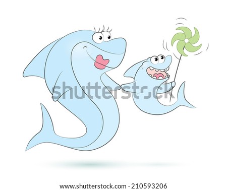 Funny cartoon sharks - vector illustration.
